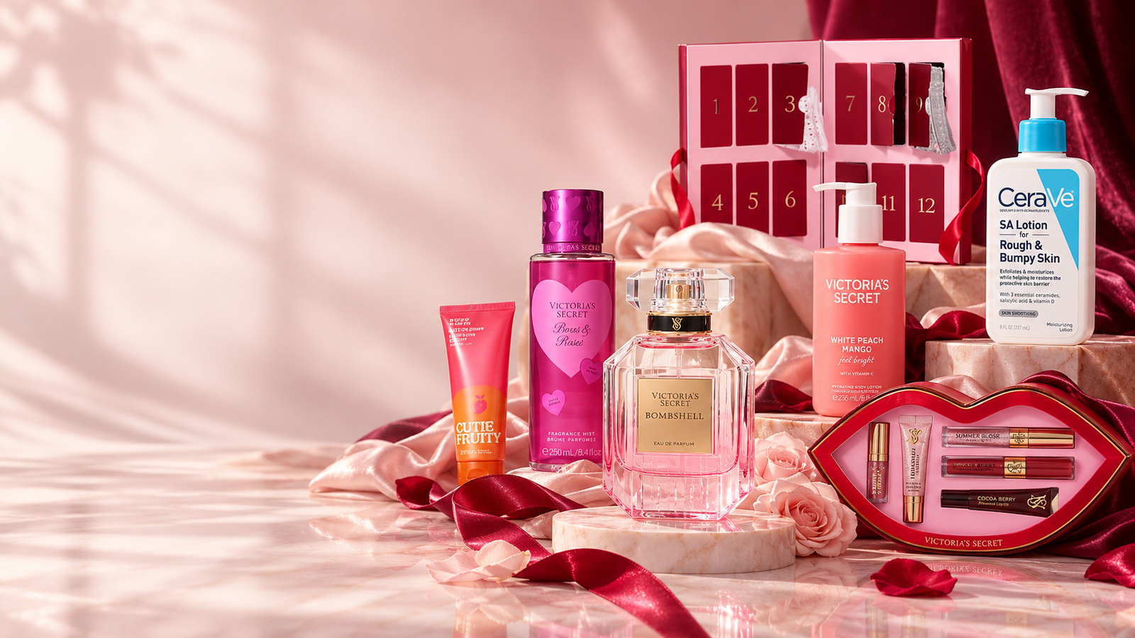 Composition beauté représentative sur satin rose et bordeaux