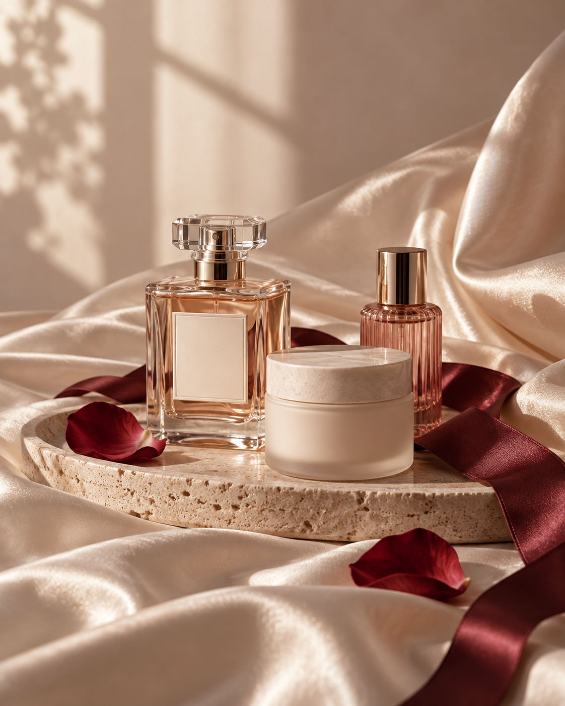 Nature morte beauté représentative sur satin ivoire et ruban bordeaux